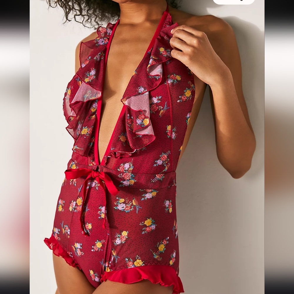 NWT HAH Free People Bodysuit Floral Red Ruffled Large "Cheap Perfume Wino"